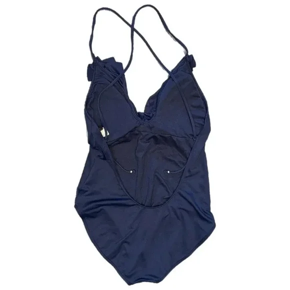 Polo Ralph Lauren Swimsuit Size Large Navy Blue One Piece Scoop Back Ruffle Pony - Picture 3 of 16